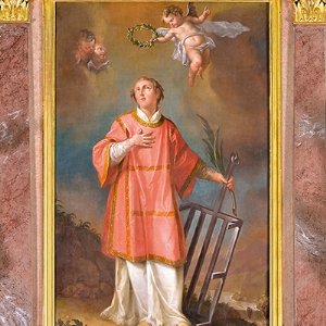 Pfarrkirche zum hl. Laurentius: Darstellung des hl. Laurentius als Märtyrer mit Rost, Bild von Franz Streicher (1785)