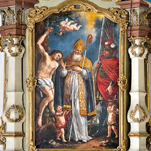 Pfarrkirche zum hl. Rupert in Lend: Seitenaltar mit der Abbildung dreier bedeutender Heiliger (Sebastian, Nikolaus und Florian)