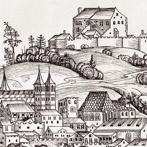 alte Stadtpfarrkirche (unterhalb der Festung) mit unausgebautem Turm (um 1460). Ausschnitt aus der Schedelschen Weltchronik, 1493