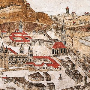 Turm mit altem gotischem Helm, Ausschnitt aus der Stadtansicht von 1553