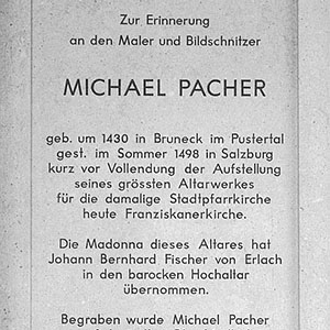 Gedenktafel fuer Michael Pacher in der Fatimakapelle
