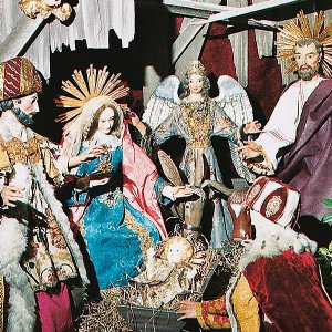 Dreikoenigsgruppe, Ausschnitt der barocken Weihnachtskrippe in der Franziskanerkirche, eine Salzburger Arbeit aus der 2. Haelfte des 18. Jahrhunderts