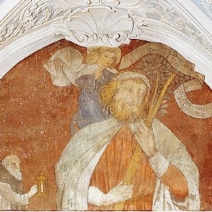 Stiftskirche, spätgotisches Christophorus-Fresko im Seitenschiff