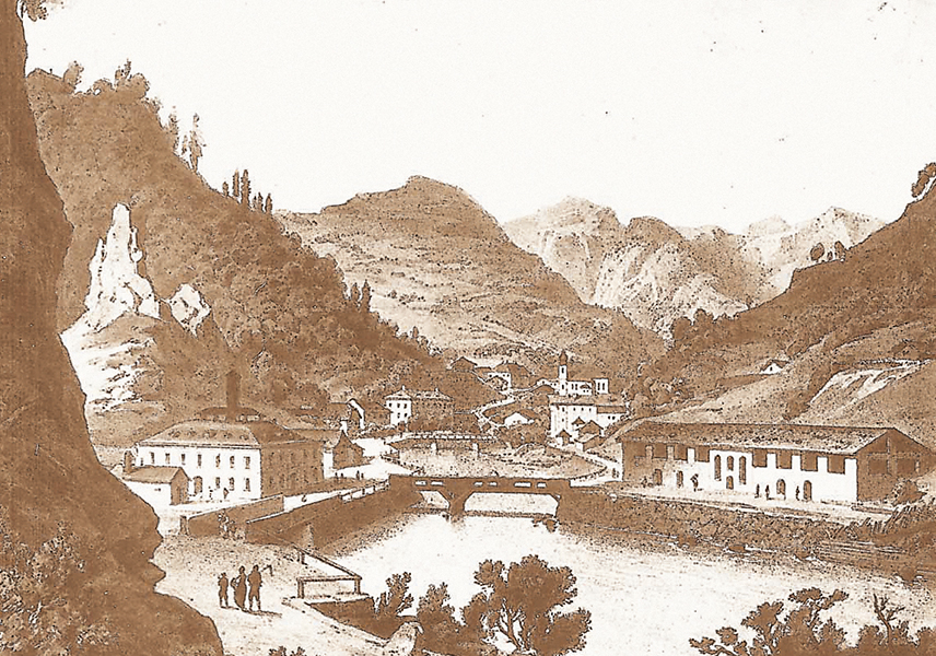 Im Vordergrund Unterlend mit Schmelzhütten, im Hintergrund Oberlend mit Schloss und Kirche