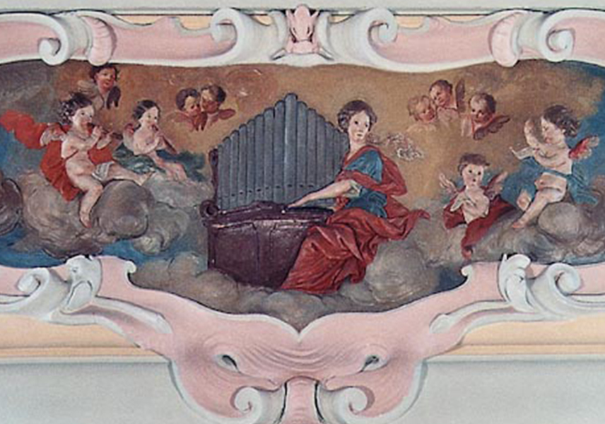 Heilige Fürbitter, Hl. Cäcilia, Patronin der Kirchenmusik, Stuckrelief an der Orgelempore