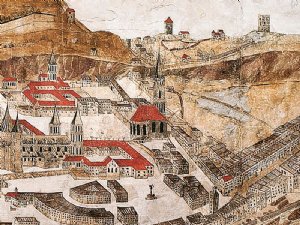 Turm mit altem gotischem Helm, Ausschnitt aus der Stadtansicht von 1553