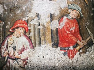 Die beiden Baumeister Hans von Burghausen und Stephan Krumenauer, Fresko am Rundpfeiler im Chor