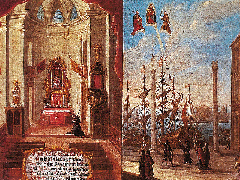 Innenansicht der Wallfahrtskirche mit dem ursprünglichen Choraltar (links); Die Piazzetta in Venedig auf dem Votivbild eines Salzburger Kaufmanns von 1742 (rechts)