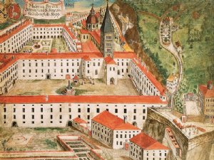 alte Ansicht des Klosters St. Peter mit romanischem Kirchturm um 1699