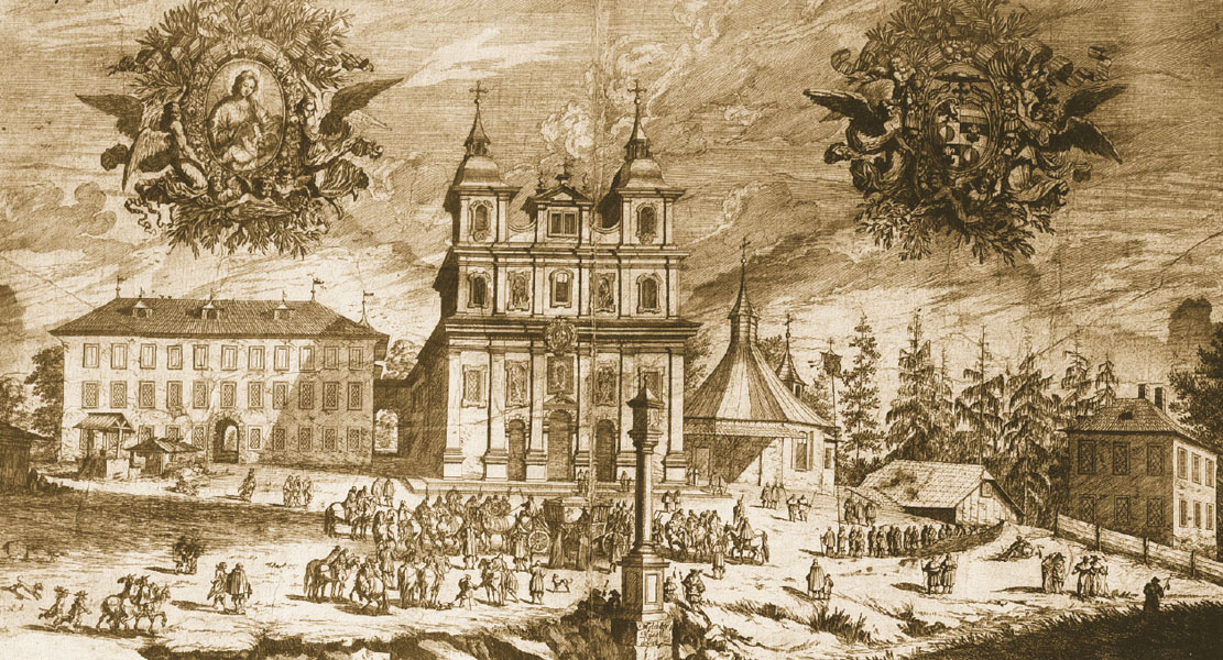 Die Wallfahrtsbasilika mit dem Superioratsgebaeude (Kupferstich, 1674)