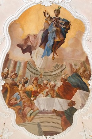 Fresko über der Orgel: Errettung des Kindes durch den hl. Nikolaus