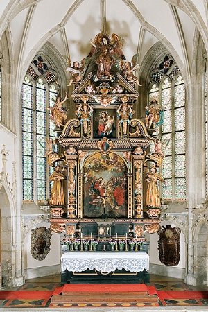 Frühbarocker Hochaltar von Hans Heinz, um 1642/45, mit Altarbild „Anbetung der Könige“ von Adriaen Bloemaert