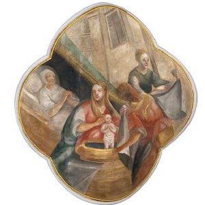 Deckenbilder: Die Geburt des hl. Nikolaus, Deckenbild im Langhaus mit einer Szene aus der Legende des heiligen Nikolaus.