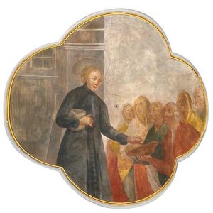 Deckenbilder: Die Mildtätigkeit des heiligen Nikolaus, Deckenbild im Langhaus mit einer Szene aus der Legende des heiligen Nikolaus.