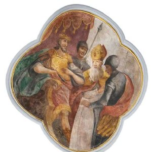 Deckenbilder: Die Gefangennahme des heiligen Nikolaus, Deckenbild im Langhaus mit einer Szene aus der Legende des heiligen Nikolaus.