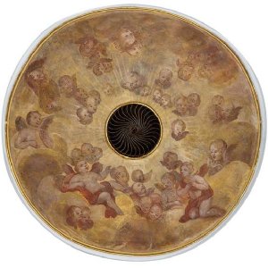 Deckenbilder: Engelreigen. Ein Engelreigen umgibt das Heilig-Geist-Loch. Deckenbild im Langhaus.