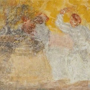 Die 10 Gebote. 2. Gebot: Du sollst den Namen Gottes nicht verunehren. Dargestellte Szene: Ein Mann eilt mit geschwungener Keule von rechts auf eine Gruppe von Zechern zu.