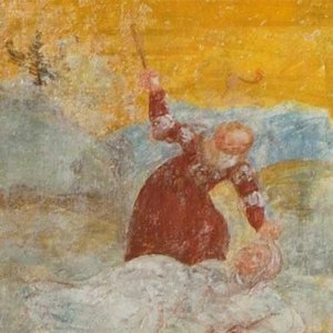 Die 10 Gebote. 4. Gebot: Du sollst Vater und Mutter ehren. Dargestellte Szene: Sohn und Tochter schlagen ihre am Boden liegenden Eltern; hier schlägt die Tochter ihre am Boden liegende Mutter.