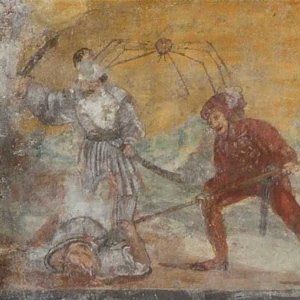 Die 10 Gebote. 5. Gebot: Du sollst nicht töten. Dargestellte Szene: Zwei Wegelagerer ermorden mit Speer und Schwert einen am Boden liegenden Mann. Die Spinne des Bösen hat bereits von den Köpfen der Mörder Besitz ergriffen.