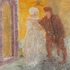 Die 10 Gebote. 9. Gebot: Du sollst nicht begehren deines Nächsten Frau. Dargestellte Szene: Ein Paar im Liebesgespräch, begleitet von einem Dämon; währenddessen schläft der Gatte im Haus.