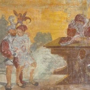 Die 10 Gebote. 10. Gebot: Du sollst nicht begehren deines Nächsten Gut. Dargestellte Szene: Ein Mann zählt am Tisch sein Geld; daneben trachten zwei Räuber danach, ihn zu überfallen. Auf ihren Köpfen krallt sich ein schwarzer, vogelartiger Dämon fest.