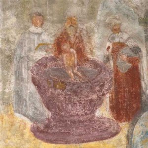 Wandmalerei 3. Feld, Das Sakrament der Taufe. Die Sakramente im mittleren Bereich:die Taufe (ein Priester tauft ein Kind in einem großen Becken).