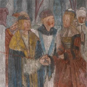 Wandmalerei 3. Feld, Das Sakrament der Ehe. Die Sakramente im mittleren Bereich:die Ehe (Trauung von Mann und Frau in der Kirche). Priester und Eheleute sind hier in Gewändern des 16. Jahrhunderts wiedergegeben.
