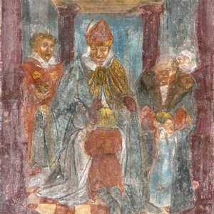 Wandmalerei 3. Feld, Das Sakrament der Firmung. Die Sakramente im mittleren Bereich:die Firmung (ein Knabe kniet vor einem Bischof)
