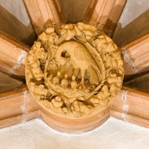 Straßengel, Wallfahrtskirche, Schlussstein mit eucharistischem Pelikan